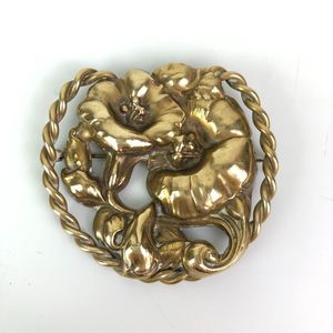 Large Antique Art Nouveau Repousse Floral Trumpet Flower Brooch